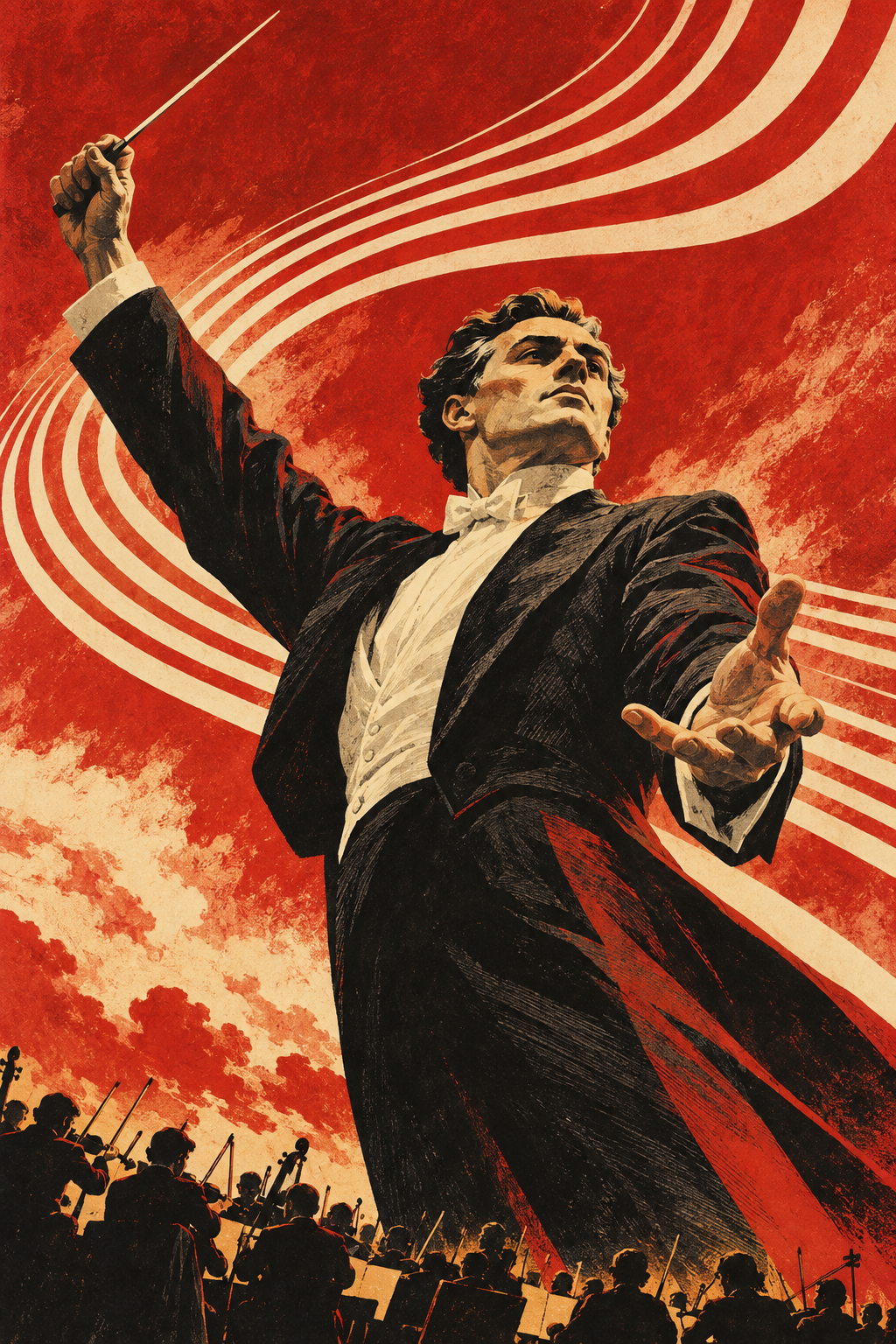 A conductor raises a baton above an orchestra as flowing cream rays sweep across a red sky.