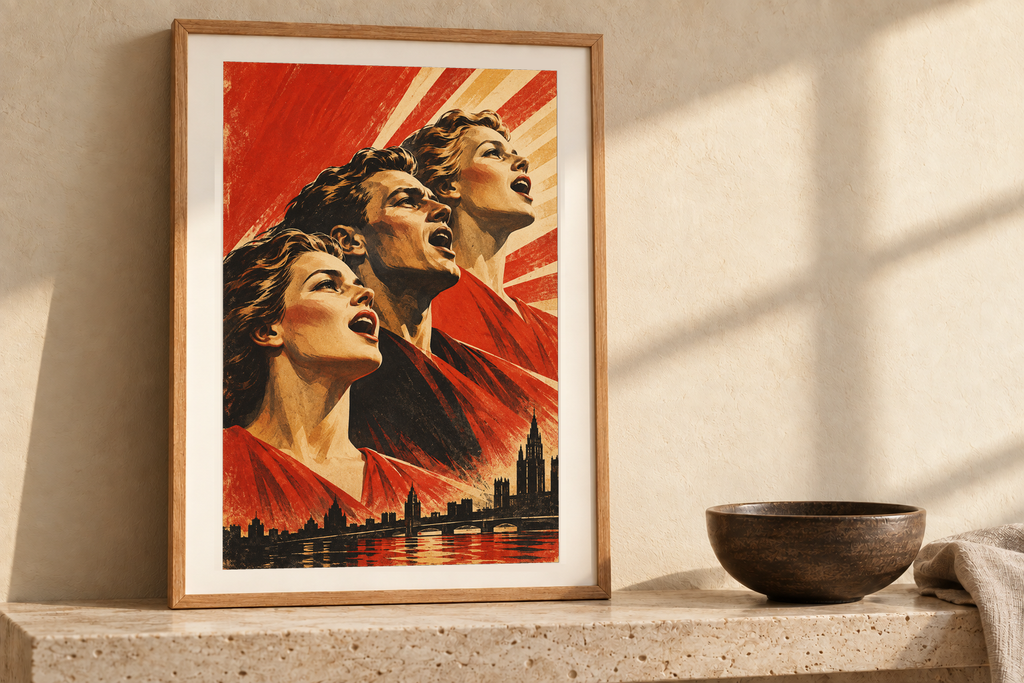 Ascending Choir artwork displayed in a listening room. Physical art print; frame and room accessories are not included.