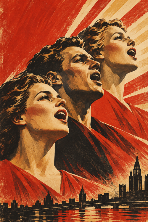 Three adult choir singers rise in overlapping profiles above a city waterfront, framed by red and cream rays.