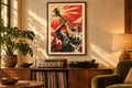 Sunburst Trumpet artwork displayed in a listening room. Physical art print; frame and room accessories are not included.