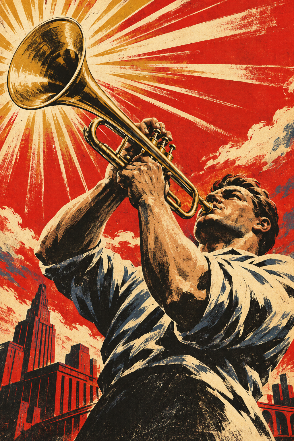 A trumpet player raises a golden instrument towards an expansive cream and ochre sunburst.