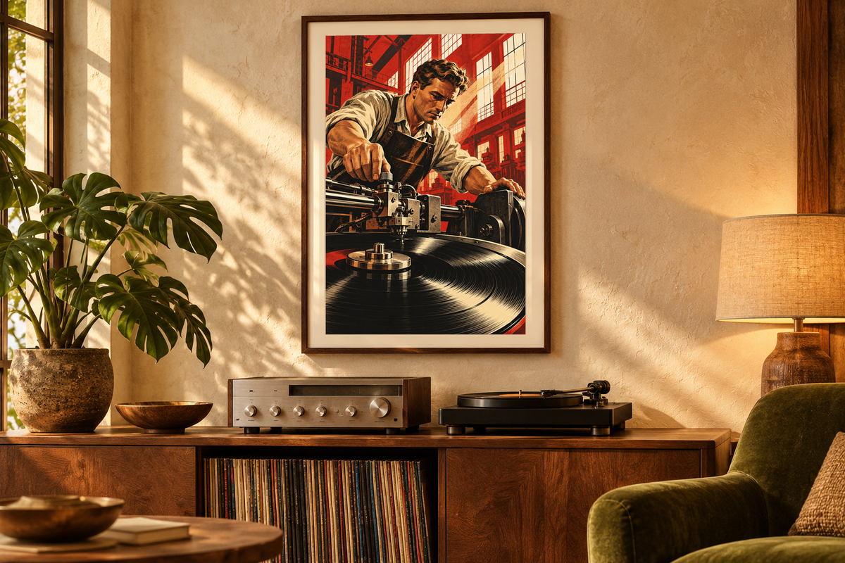 Vinyl Master Craftsman artwork displayed in a listening room. Physical art print; frame and room accessories are not included.