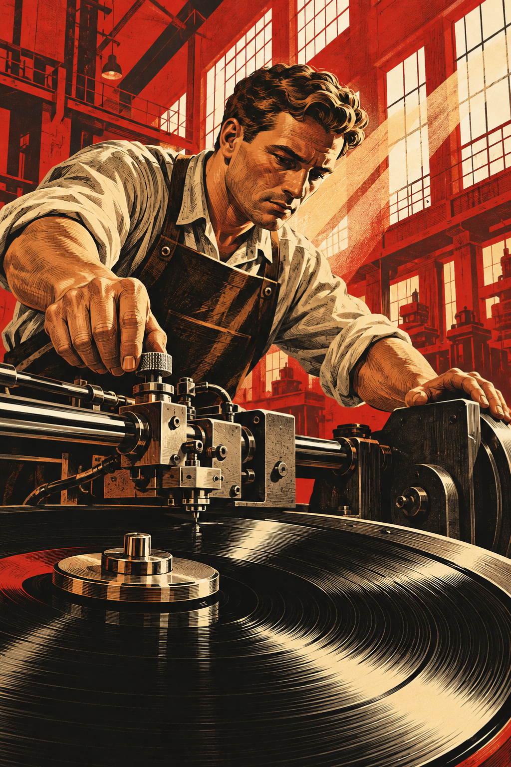 A record-cutting craftsman works at a large machine, with a glossy vinyl disc prominent in the foreground.