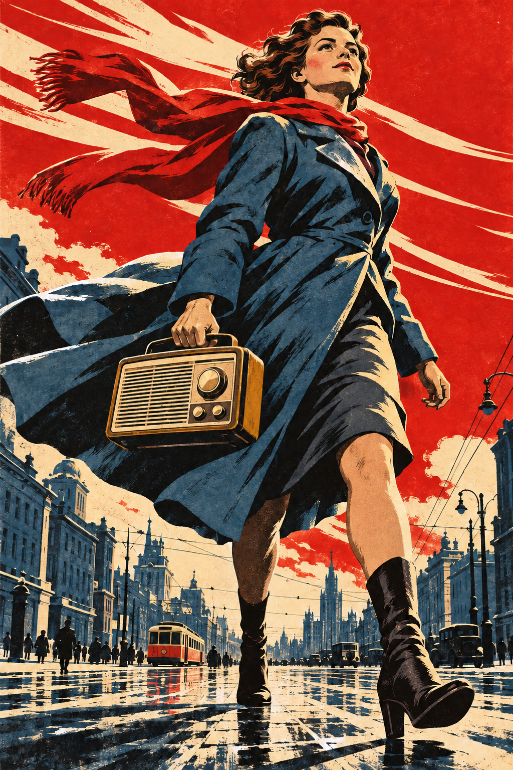 A woman in a blue coat carries a vintage radio through a windswept city street, her red scarf streaming behind her.