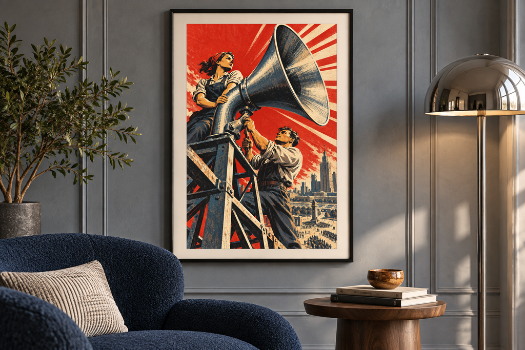 Building The Sound artwork displayed in a listening room. Physical art print; frame and room accessories are not included.