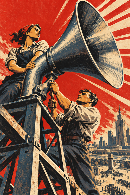 Two workers assemble a monumental horn loudspeaker above a busy city.