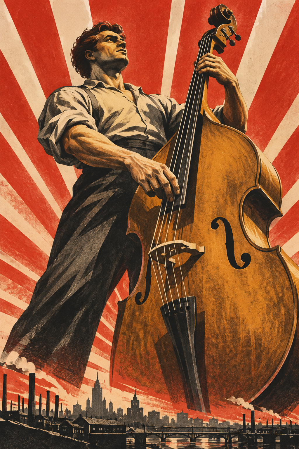 A double-bass player towers above a city and waterfront beneath radiating red and cream beams.