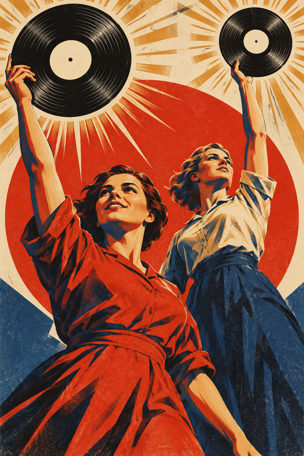 Two women raise vinyl records towards the sky, their discs surrounded by sunburst rays.