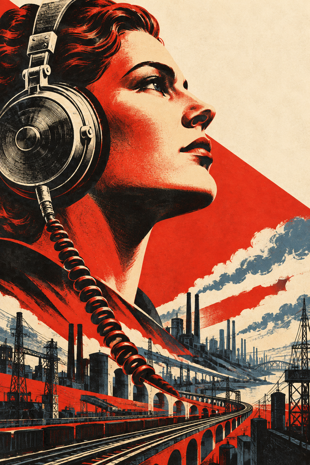 A close-up portrait of a woman in headphones rises above railway lines and an industrial city.