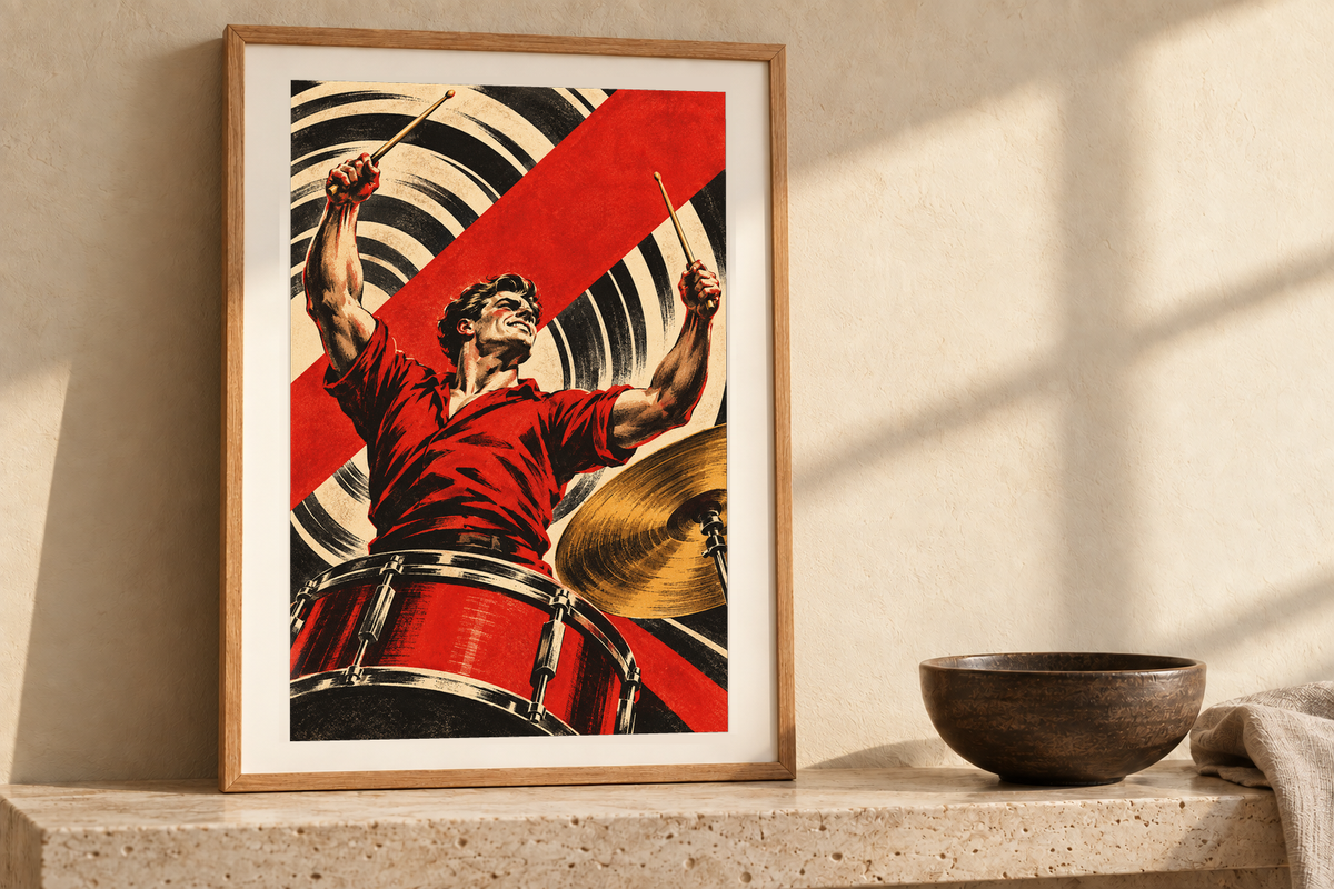 Pulse and Power artwork displayed in a listening room. Physical art print; frame and room accessories are not included.