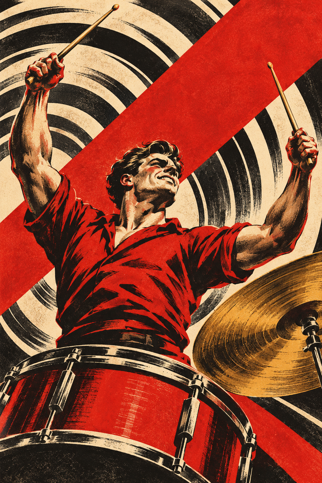 A drummer lifts both sticks above red drums and a golden cymbal, against sweeping black-and-cream sound rings.