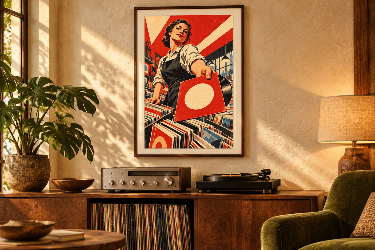 Music for Everyone artwork displayed in a listening room. Physical art print; frame and room accessories are not included.