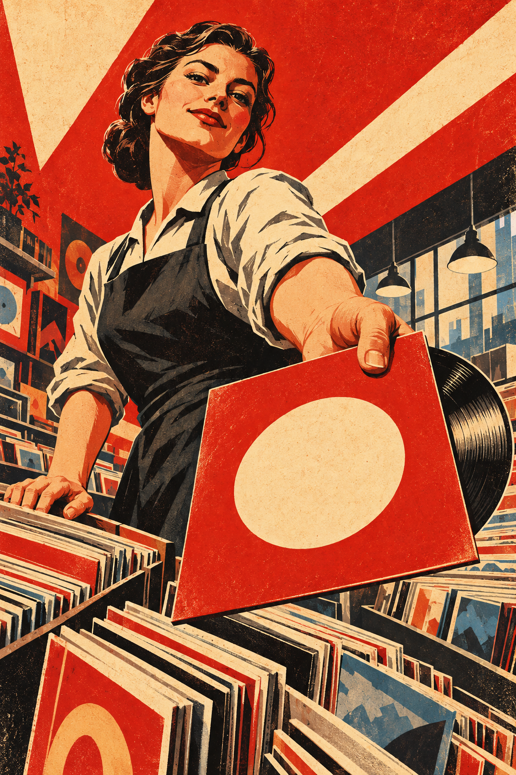 A record-shop worker offers a red record sleeve across rows of vinyl albums.