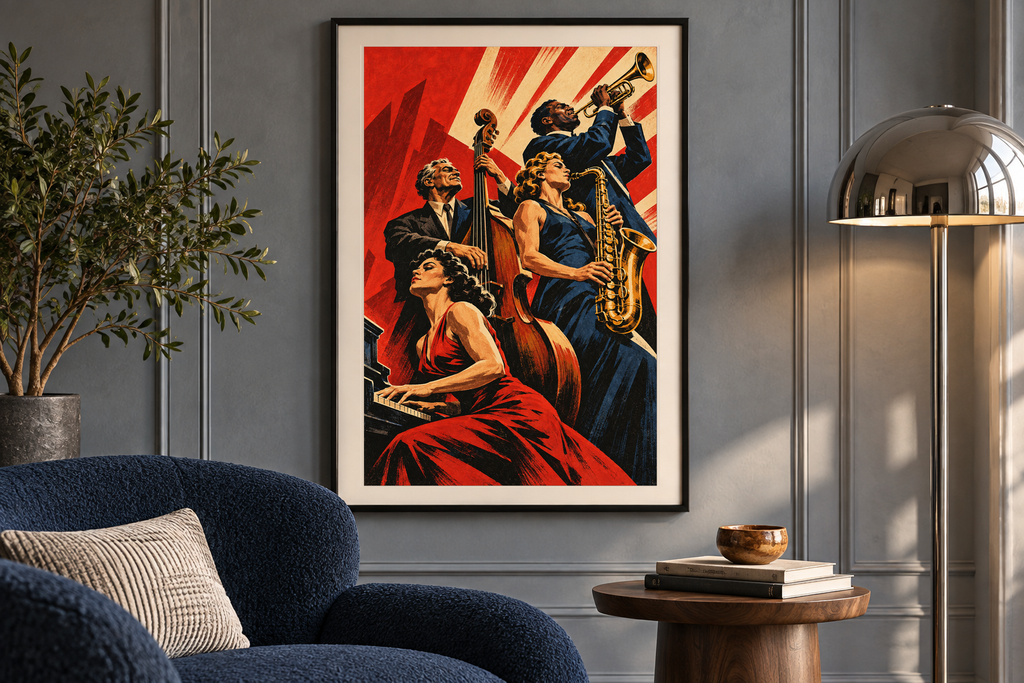 The Collective Crescendo artwork displayed in a listening room. Physical art print; frame and room accessories are not included.