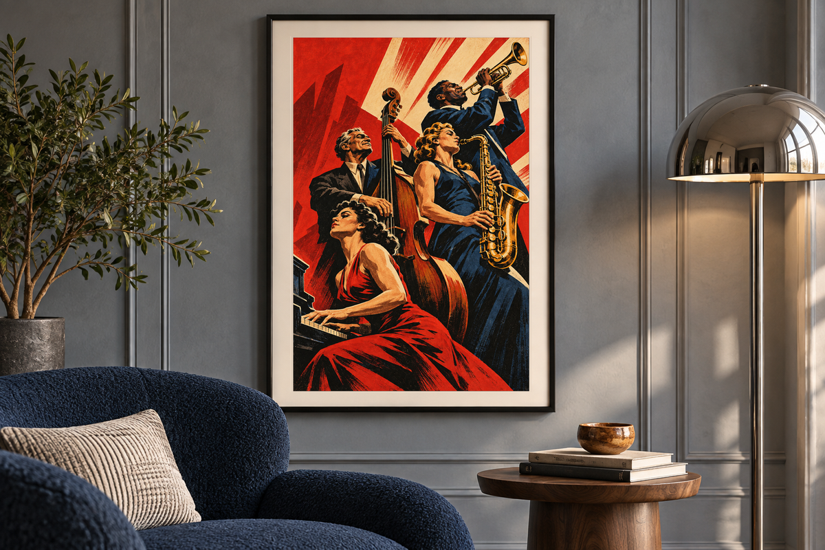 The Collective Crescendo artwork displayed in a listening room. Physical art print; frame and room accessories are not included.