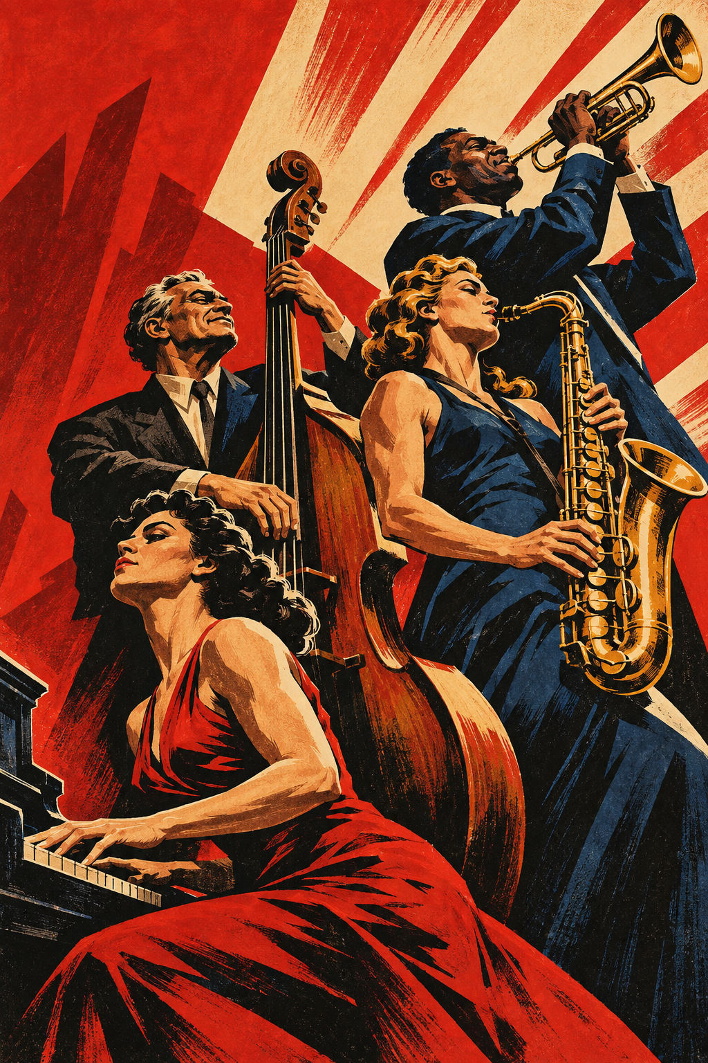 An ensemble of keyboard, double bass, saxophone and trumpet players performs beneath red and cream diagonal rays.