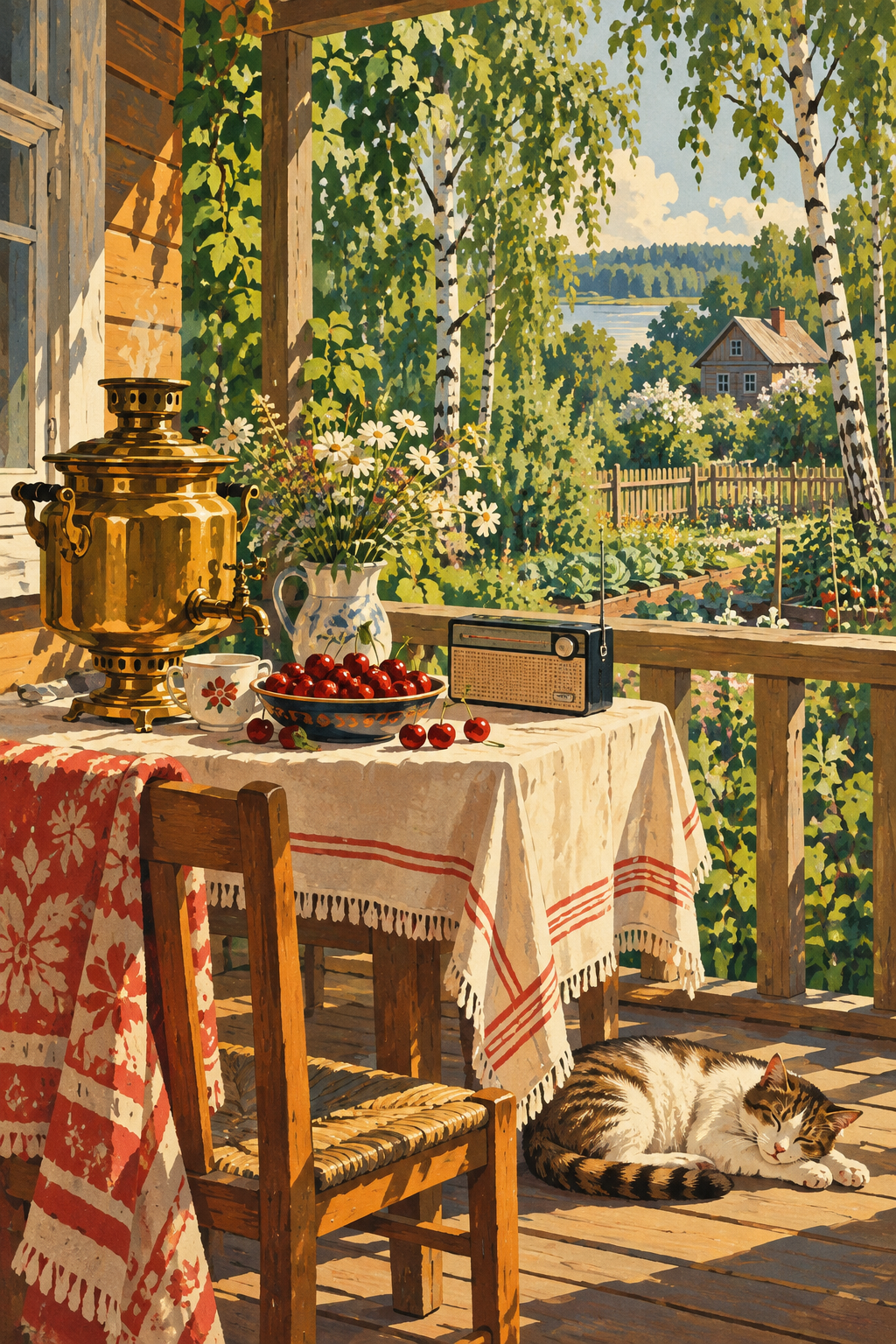 A samovar, cherries and a small radio sit on a sunlit veranda, with a sleeping cat below.