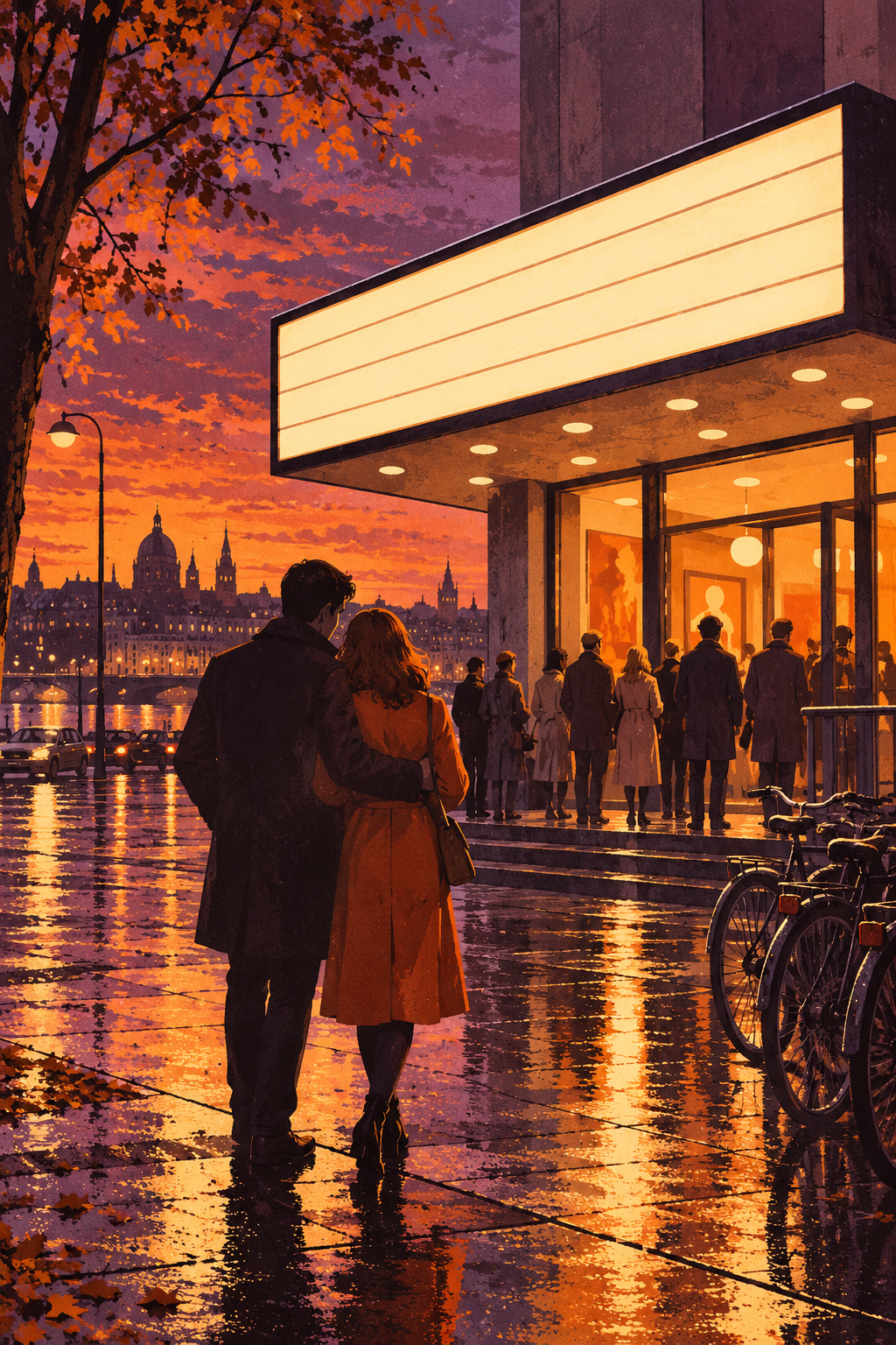 A couple approaches a warmly lit cinema at dusk, with reflections on the wet pavement.