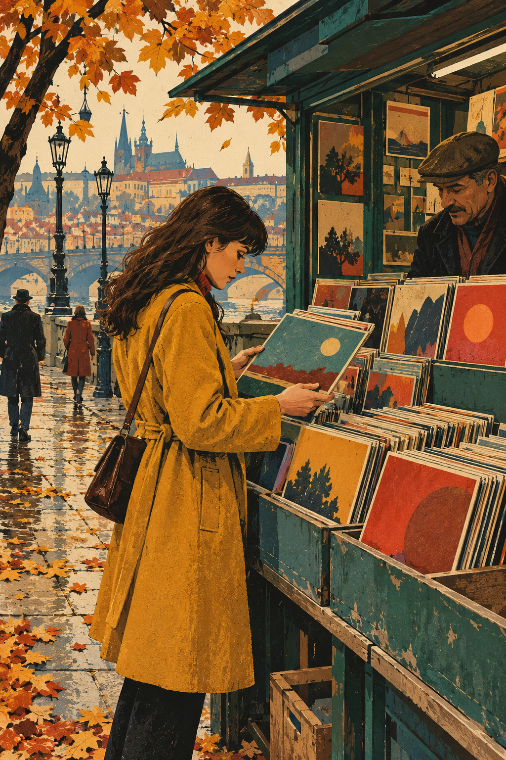 A woman in a mustard coat browses records at an outdoor kiosk beneath autumn leaves.