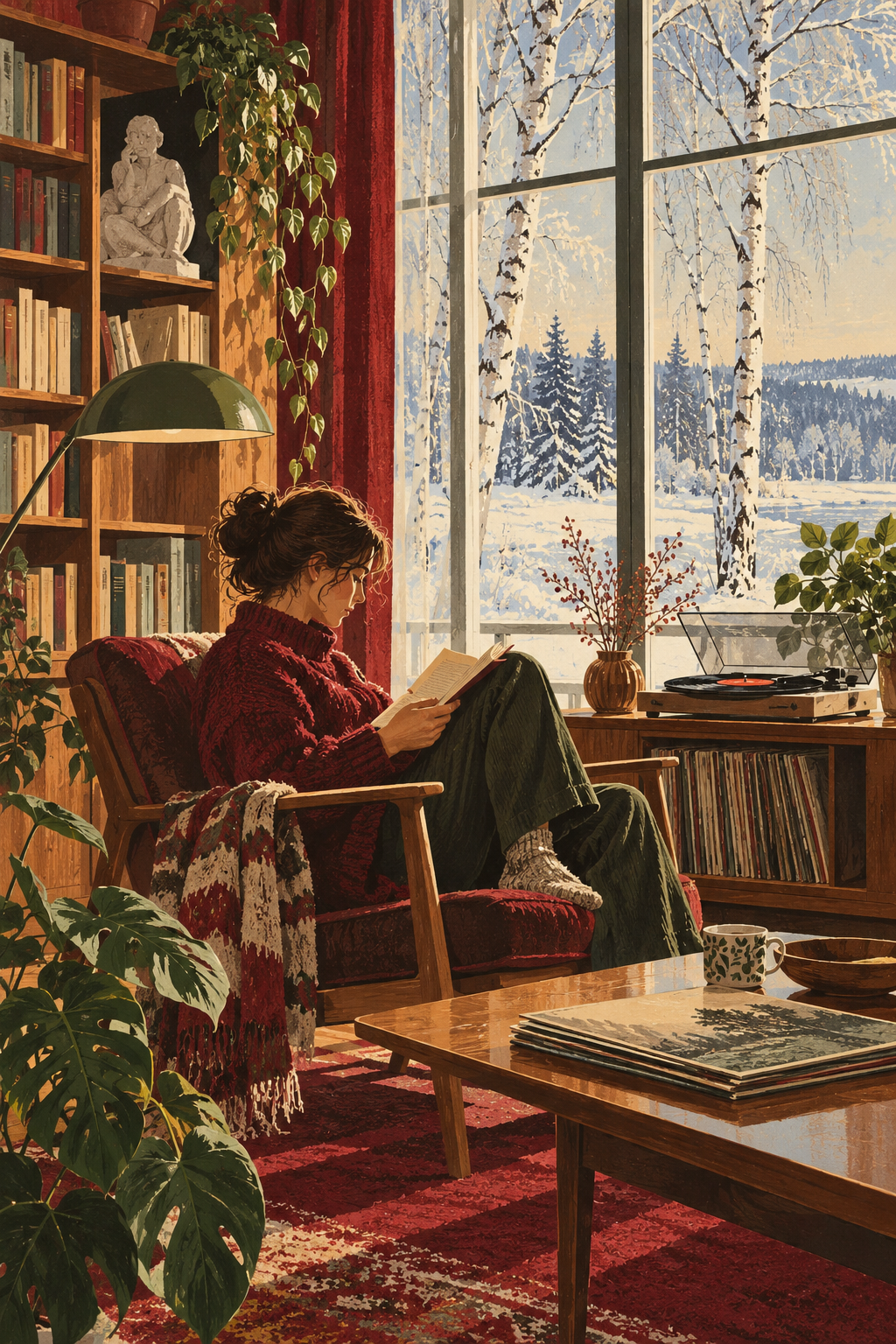 A reader relaxes beside a record player and tall windows framing snow-covered birches.