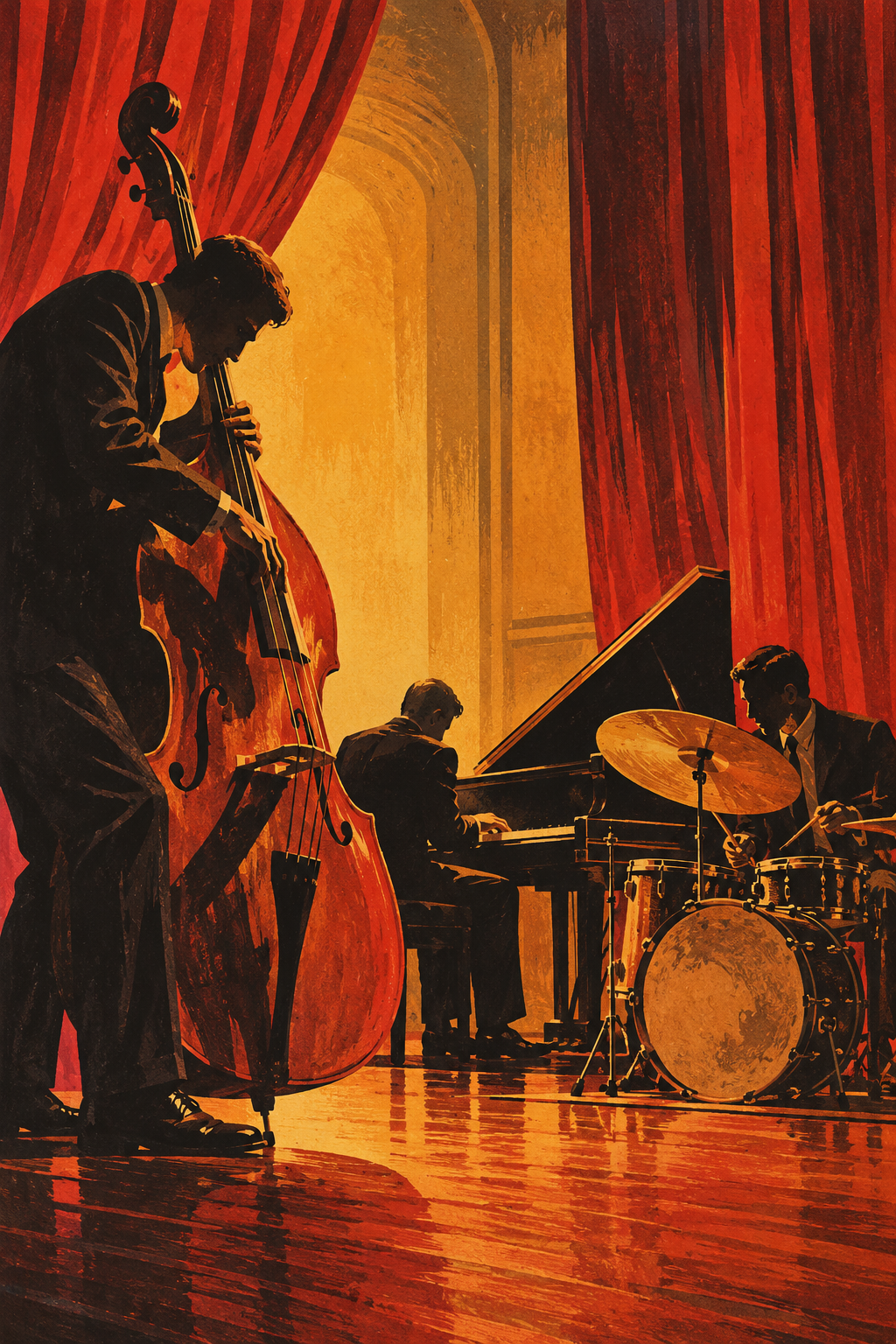 A double bassist, pianist and drummer perform beneath red curtains in a warmly lit concert hall.