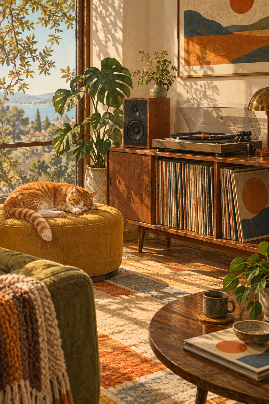 A sleeping ginger cat on a mustard ottoman beside a record cabinet, quiet afternoon sun, charming but restrained.