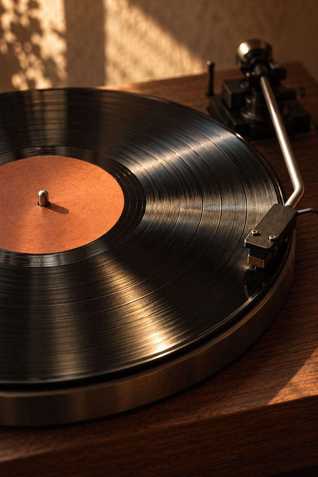 Low sunlight traces the grooves of a record on a walnut turntable.