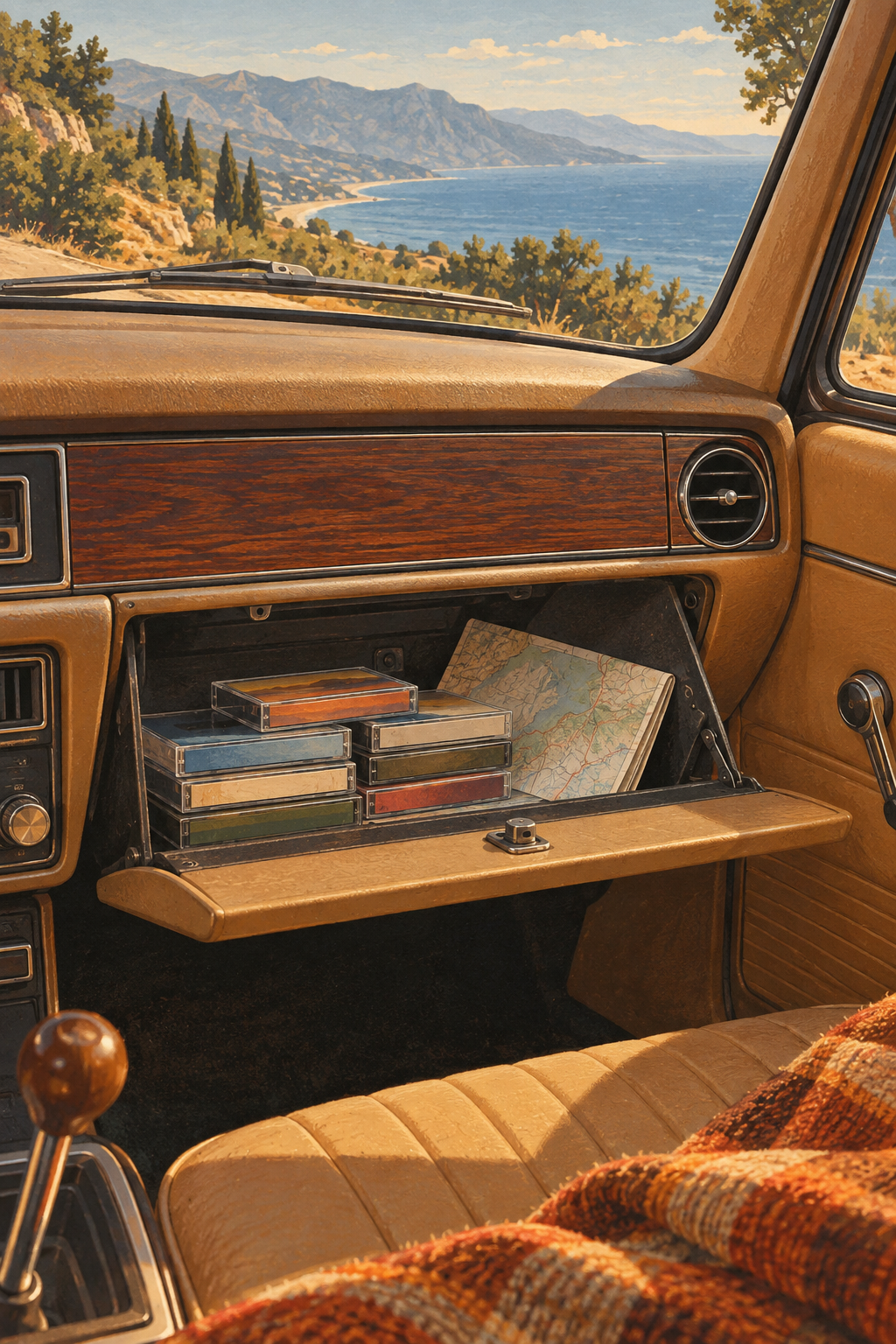 An open vintage car glovebox holding unlettered cassette cases and a folded map with no readable labels, sun-warmed tan upholstery.