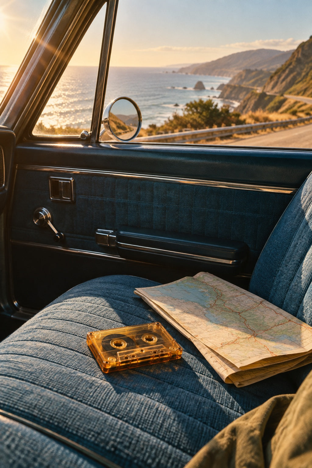 A cassette, folded map and blue upholstery suggest a slow journey along the coast.