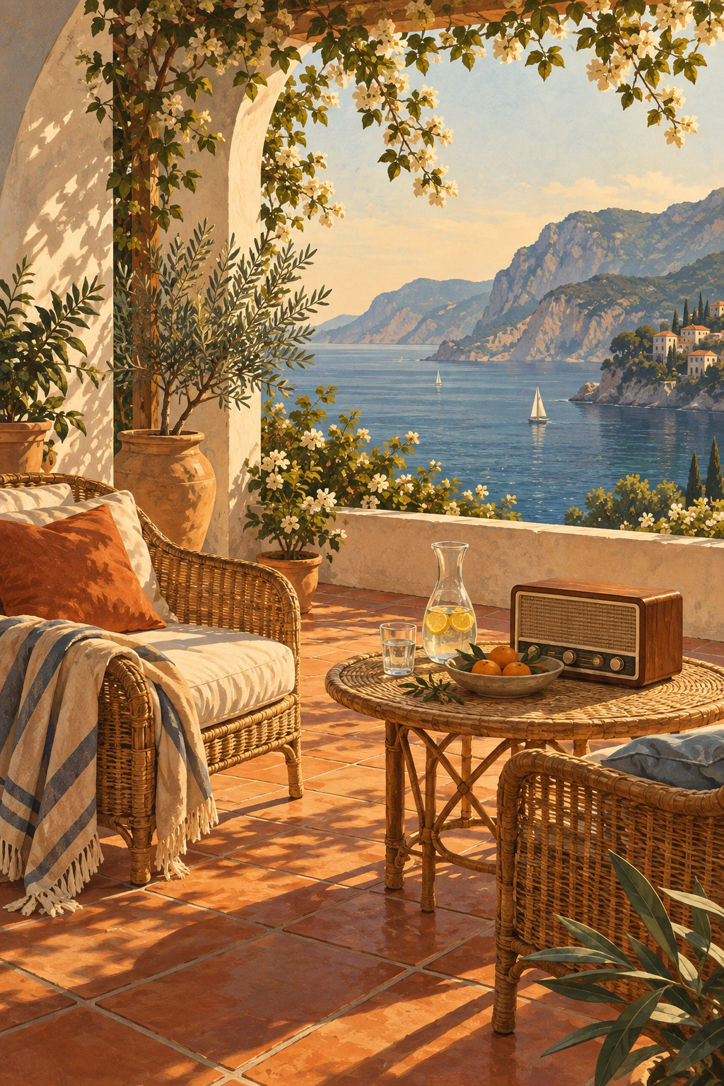 A sunlit tiled terrace with wicker furniture, an unbranded radio and a glass carafe, distant calm water, painterly warm shadows.