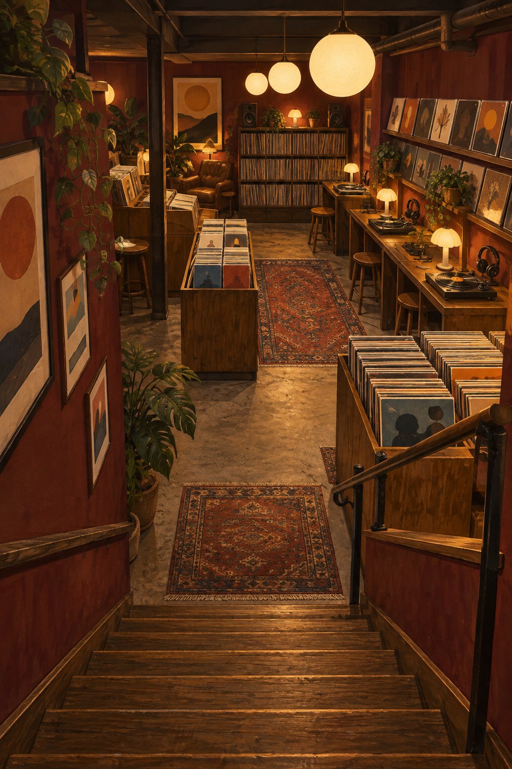 Stairs descending to an intimate basement record shop, burgundy walls, wooden listening stations, hanging globe lamps.
