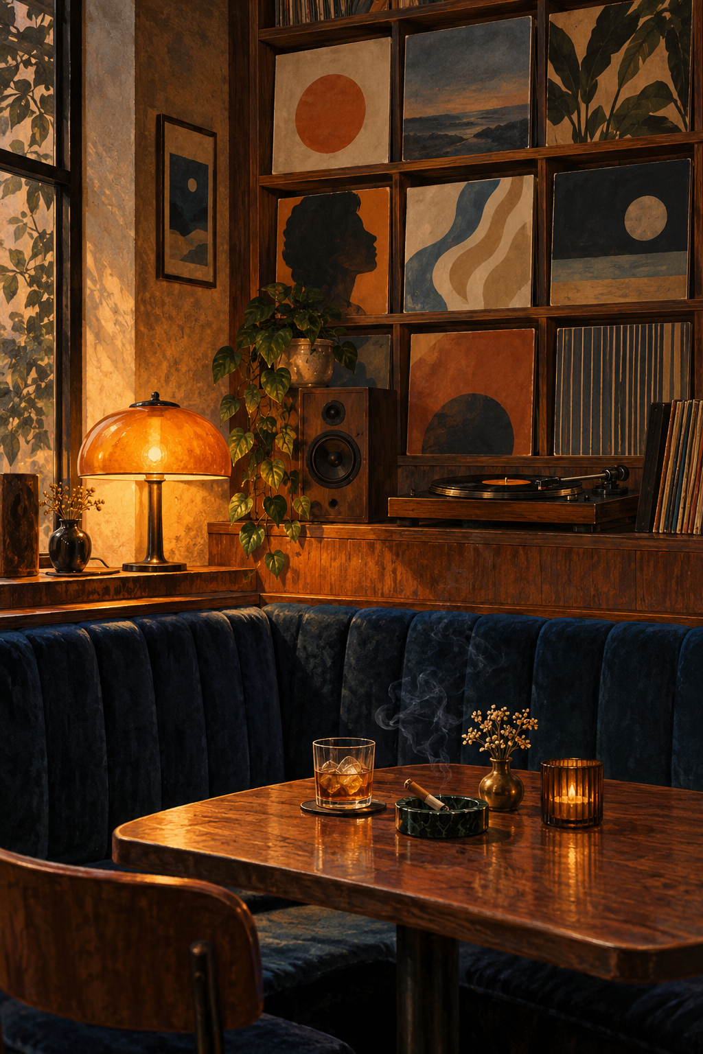A navy upholstered cafe booth, amber table lamp, a wall of unlettered record sleeves and a small plant, smoky atmospheric gouache.