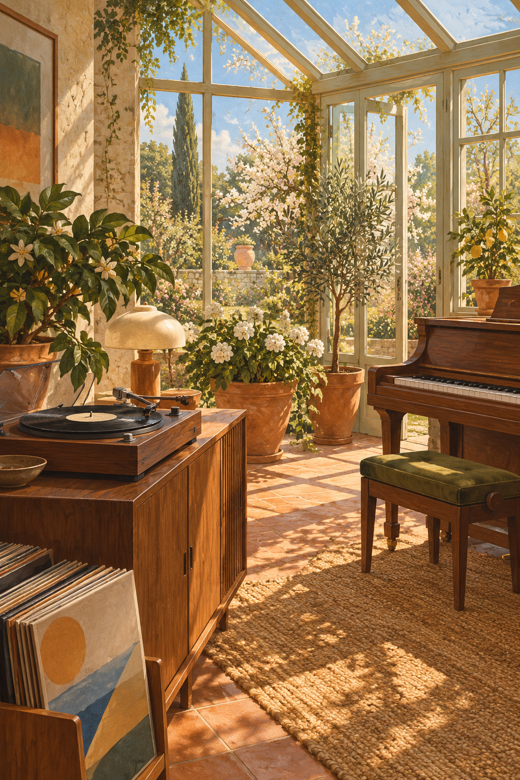 A sunlit conservatory with terracotta pots, a closed piano stool and a walnut record player away from plants, spring light.