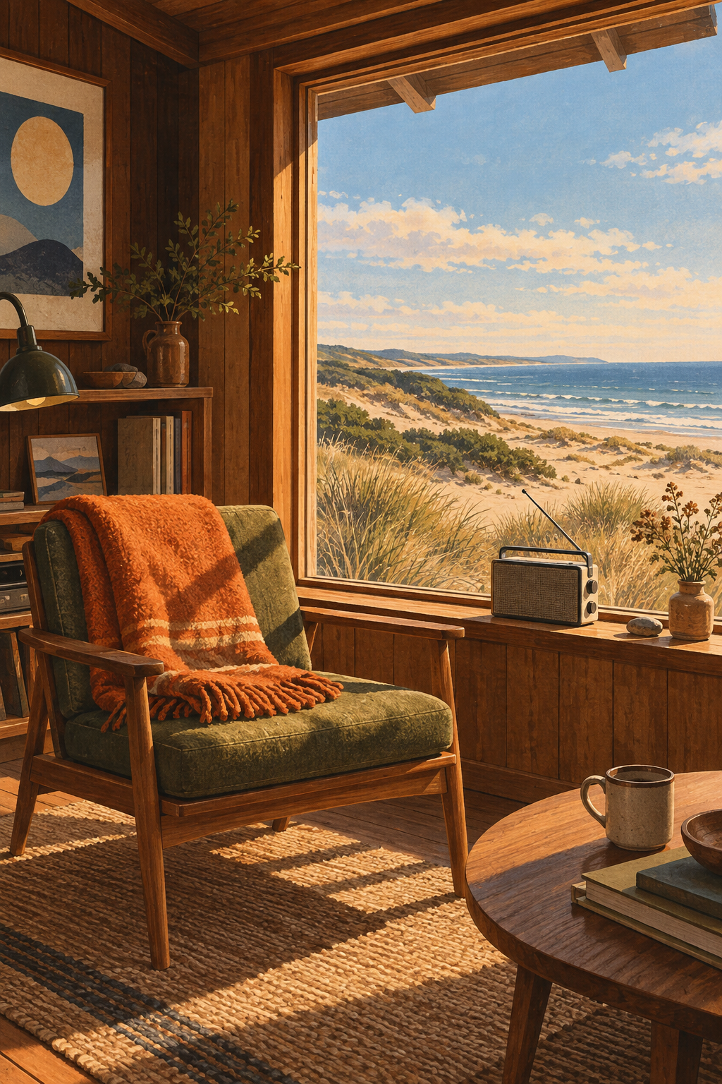 A small timber cabin interior facing dunes, a plain portable radio on the windowsill and an orange blanket folded on the chair.