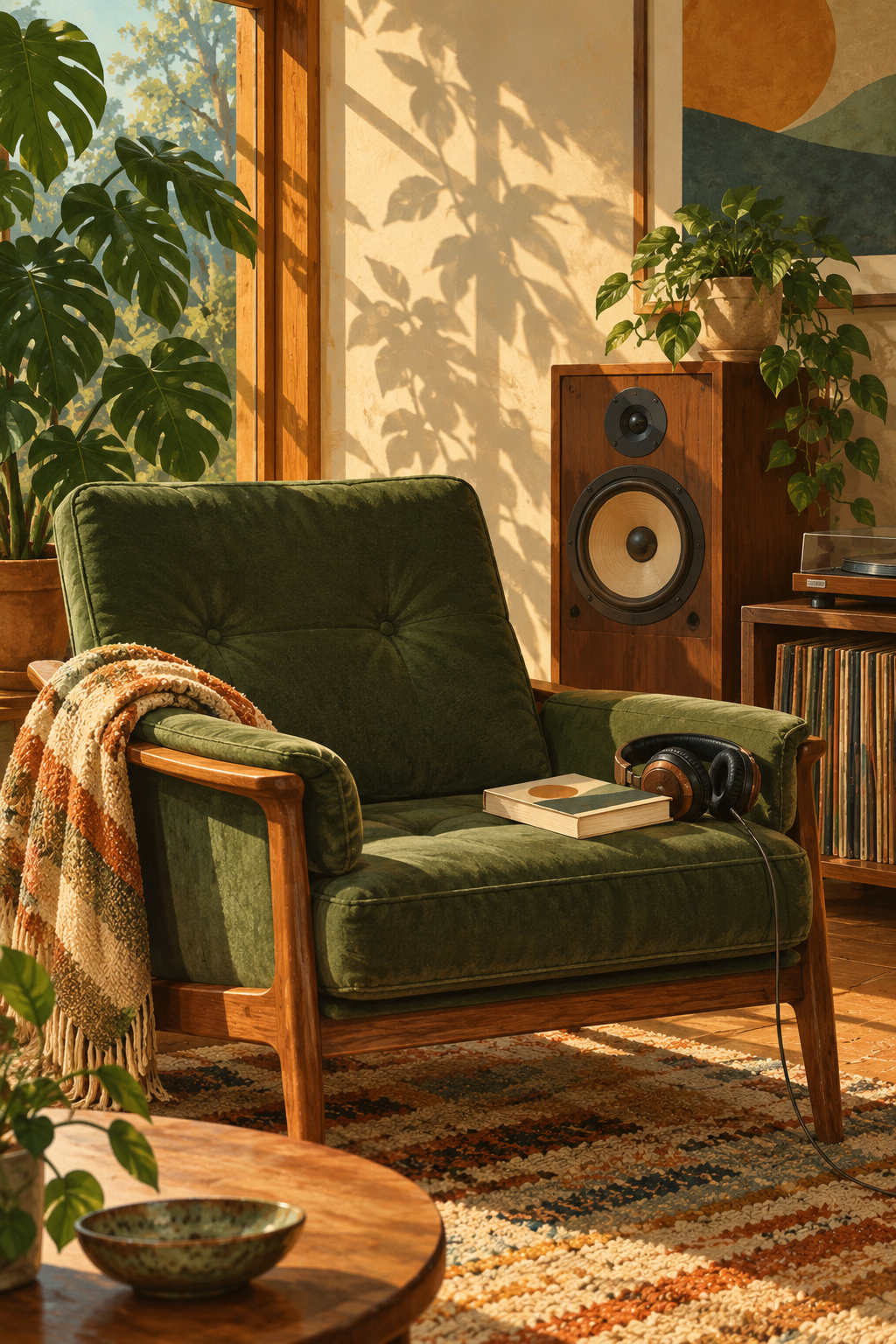 A deep green reading chair, a closed paperback and headphones on the arm, wood speakers and leafy shadows.