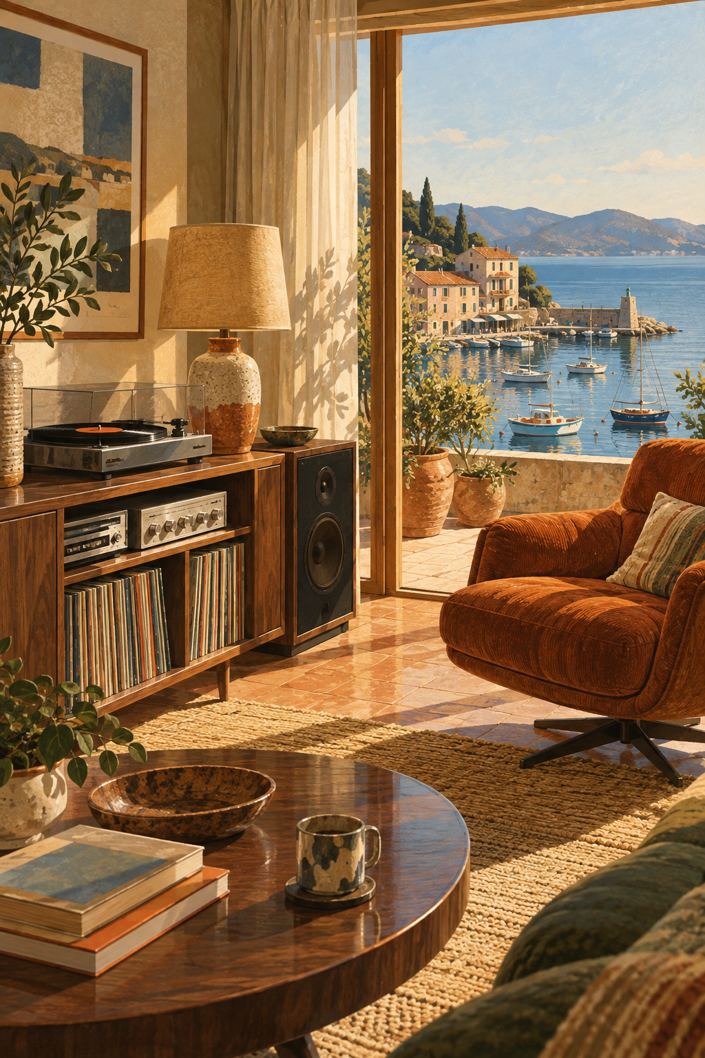 A coastal apartment with a view of small harbour boats, walnut hi-fi cabinet, rust armchair and a ceramic lamp.