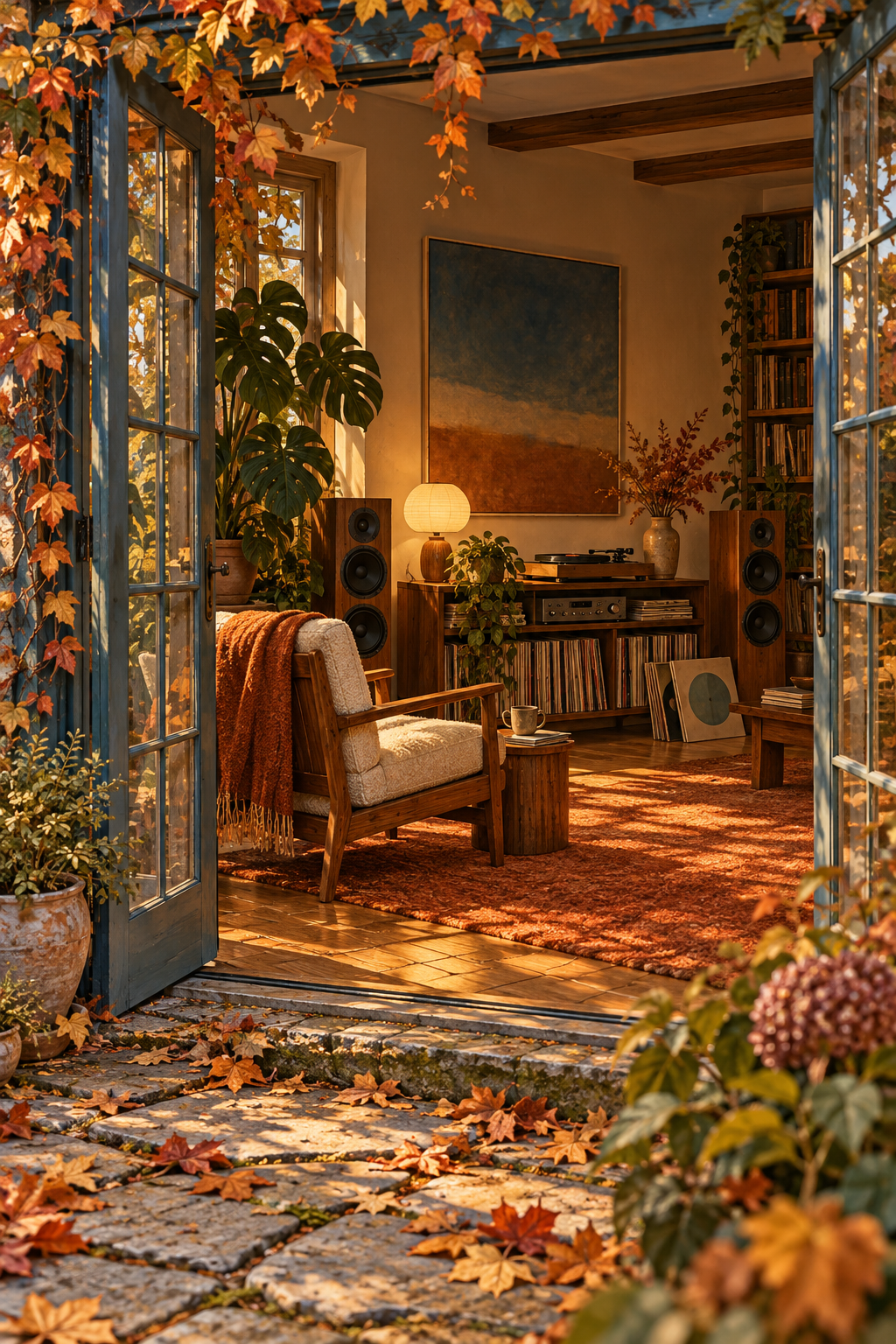 Open garden doors, fallen autumn leaves outside and a warmly lit listening room within, rust rug, wood speakers and one inviting chair.