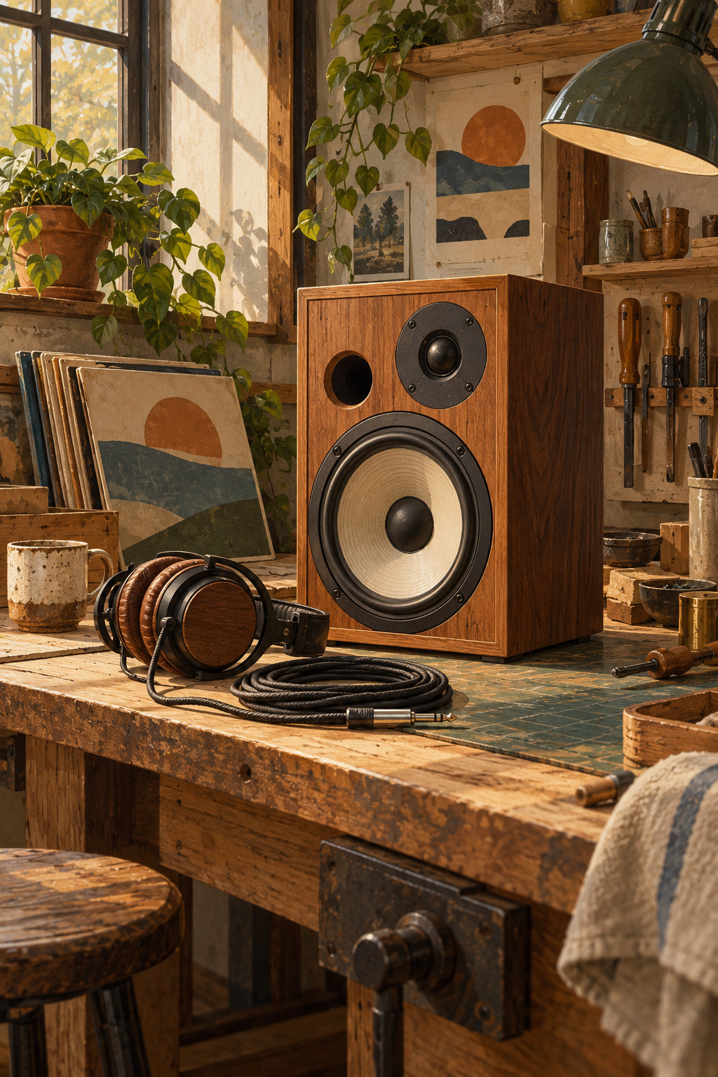 A workshop bench holding an unbranded wooden speaker, coiled cable and headphones, quiet craft atmosphere without dangerous electrical detail.