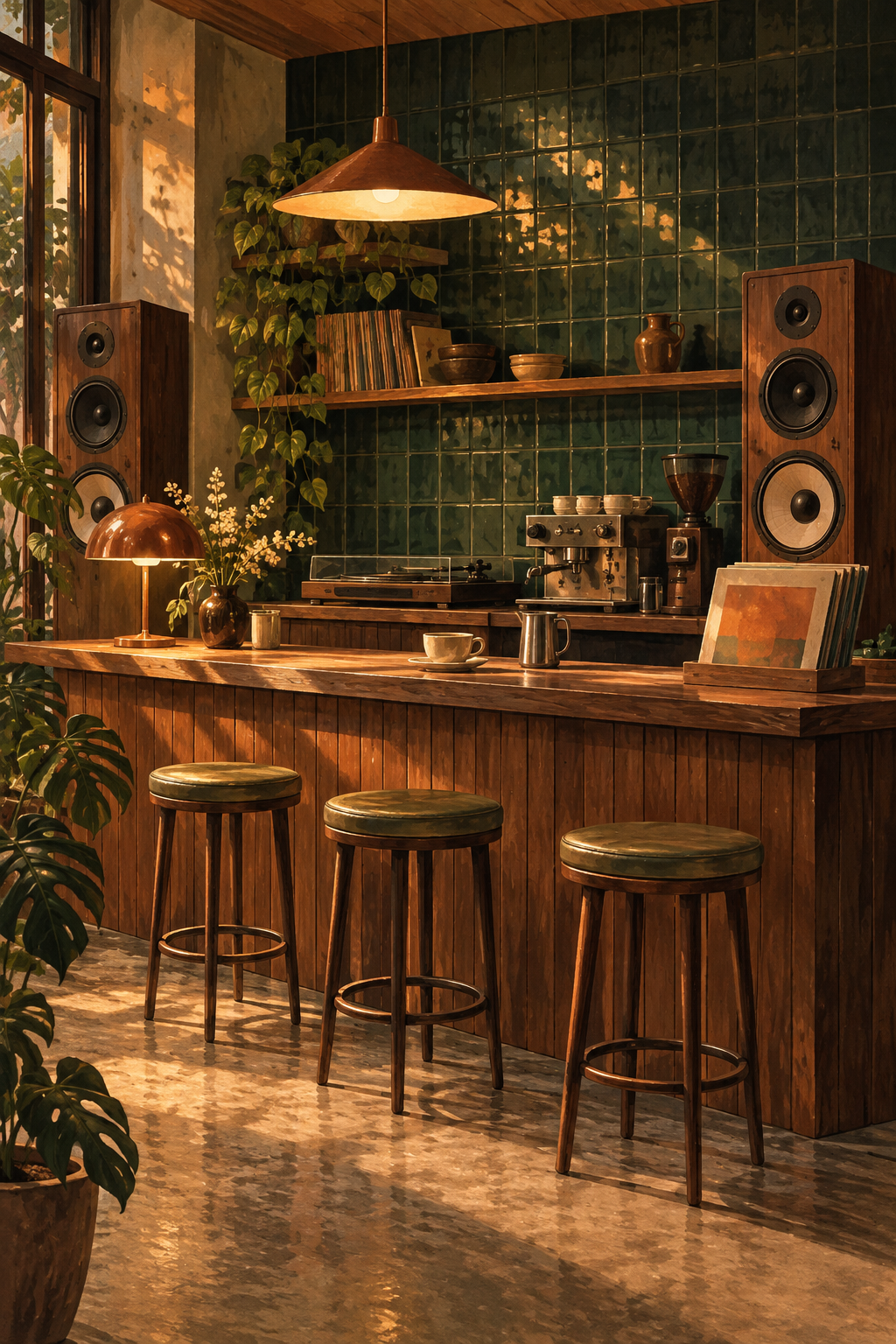 A short timber cafe counter with three empty stools and tall unbranded speakers, soft pool of light, bottle-green tiled wall.
