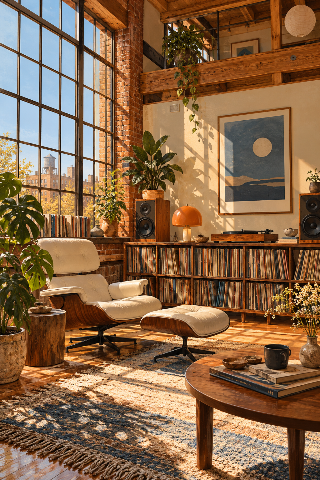 A sun-filled converted loft with exposed timber, a generous record shelf and a cream lounge chair, warm brick and dusty blue.