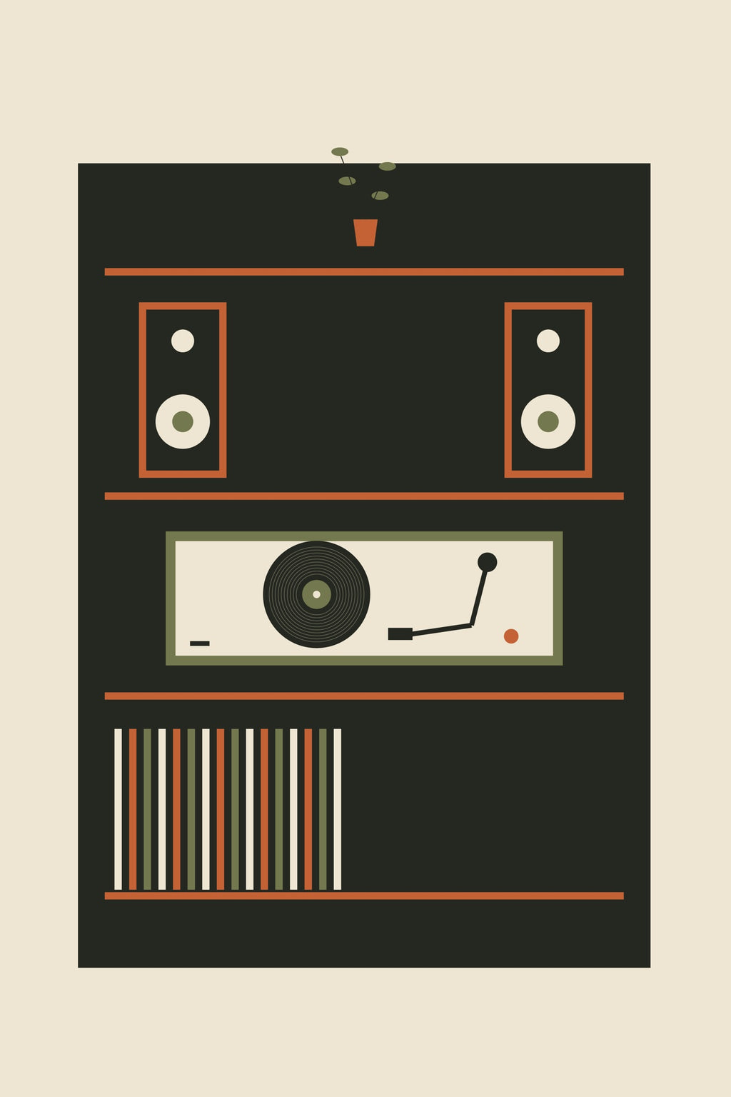 A dark cabinet frames records, twin speakers and a turntable in ordered shelves.