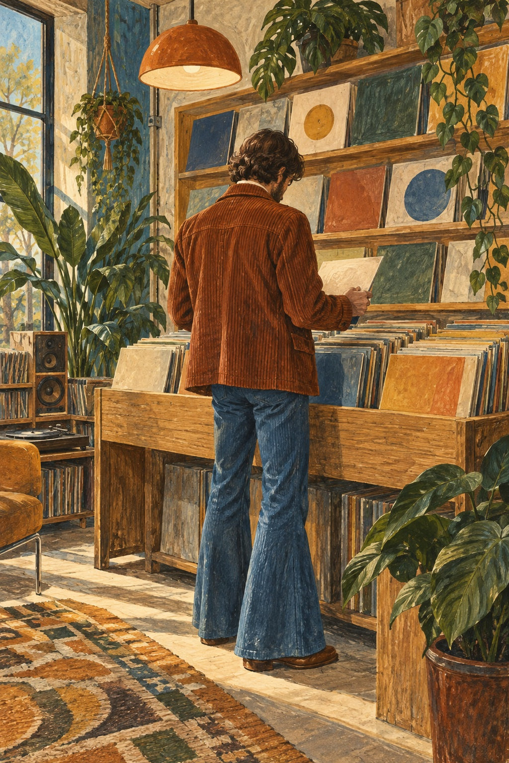 A record-shop browser in corduroy explores wooden crates beneath a pendant lamp.