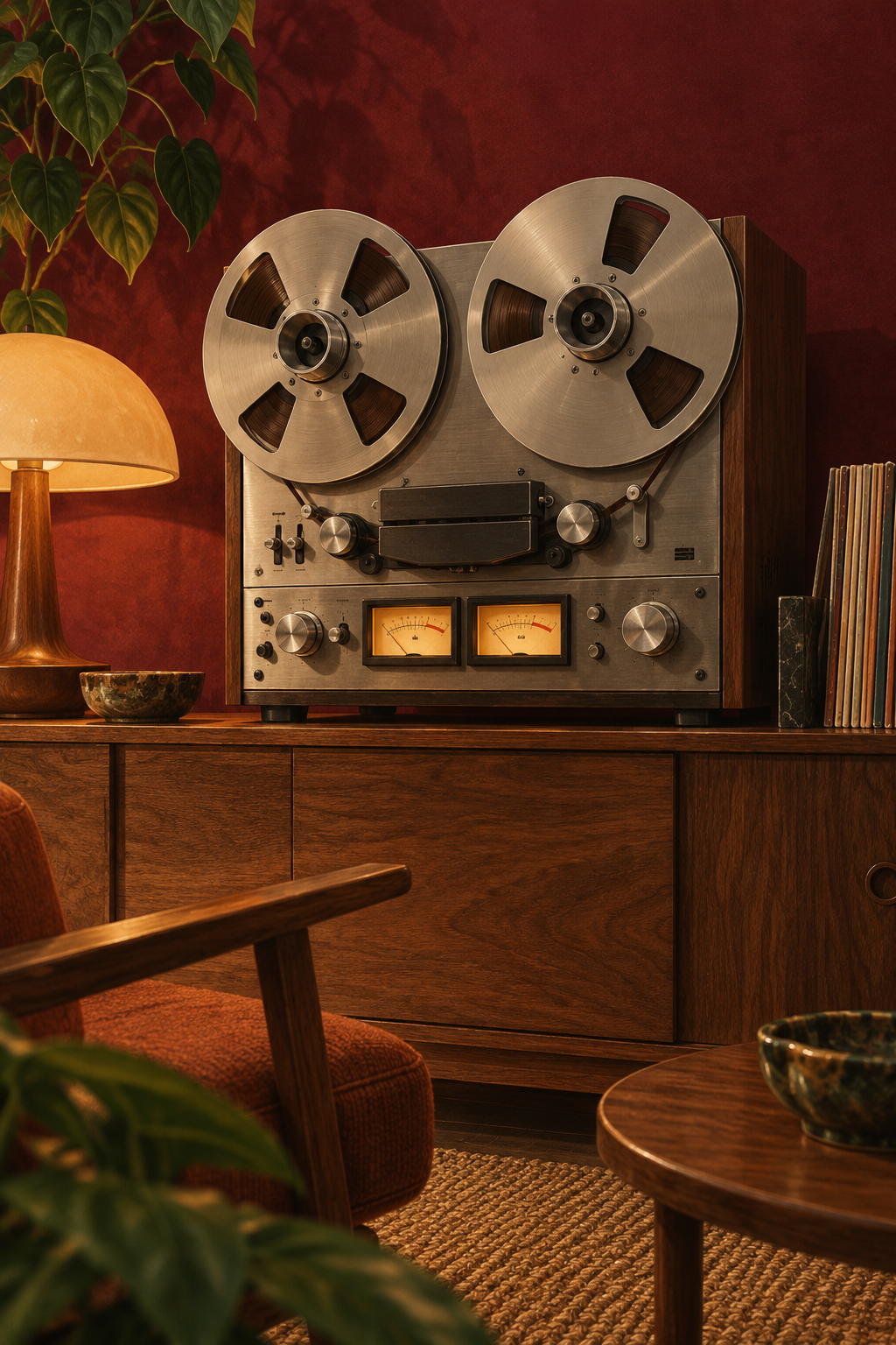 A generic reel-to-reel deck on a walnut cabinet, two mechanically plausible silver reels and restrained amber meters, burgundy background.