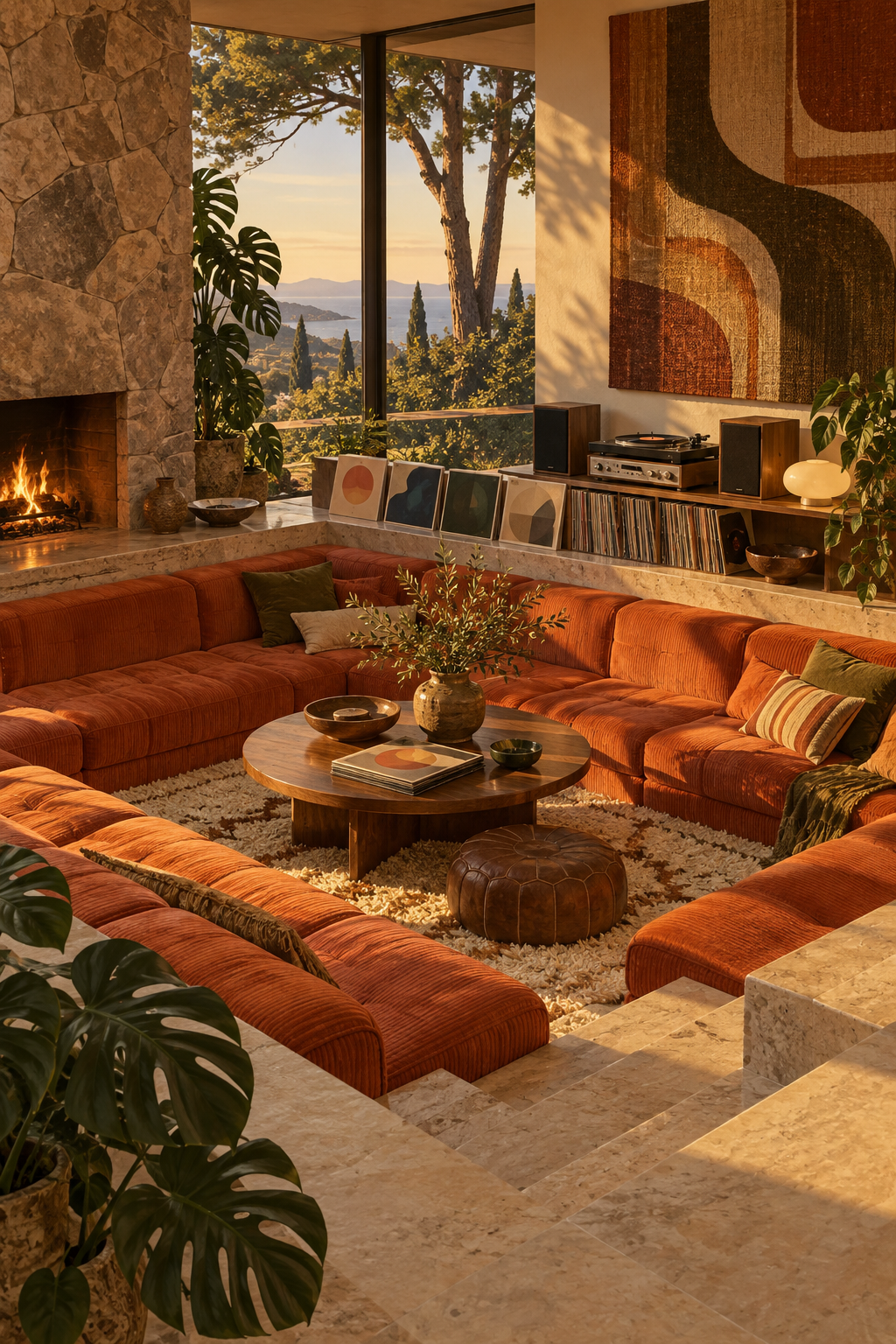 A sophisticated 1970s sunken conversation pit in terracotta upholstery, records along the back ledge and a modest hi-fi system.