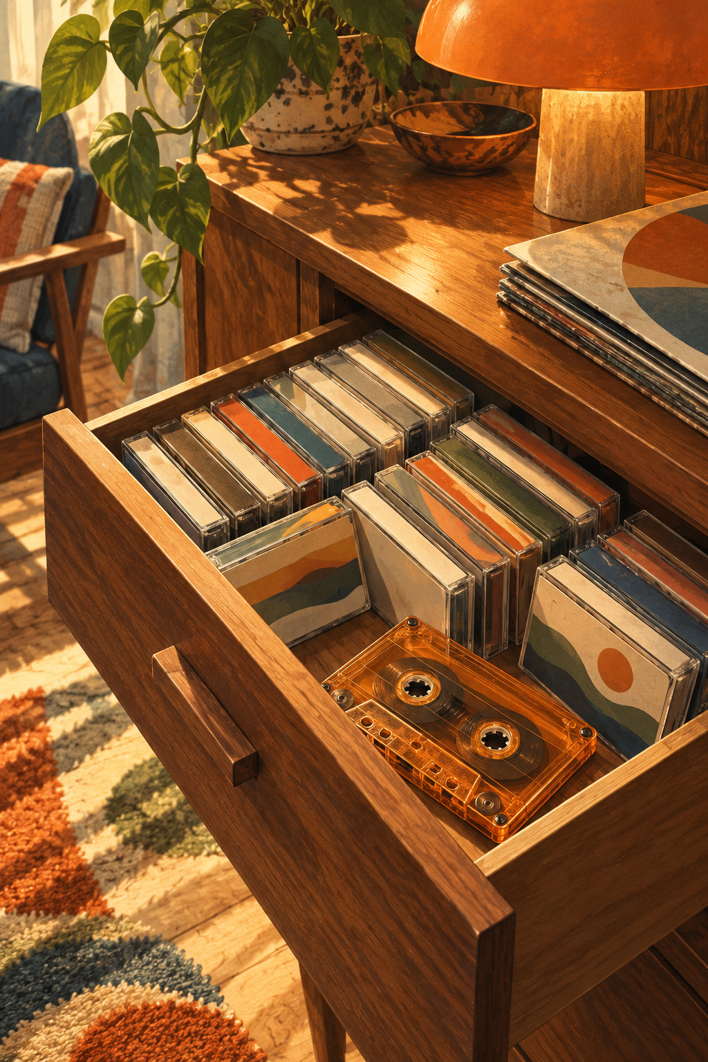 A half-open walnut drawer of neatly arranged unlettered cassette tapes, one amber cassette lying in foreground, warm overhead light.