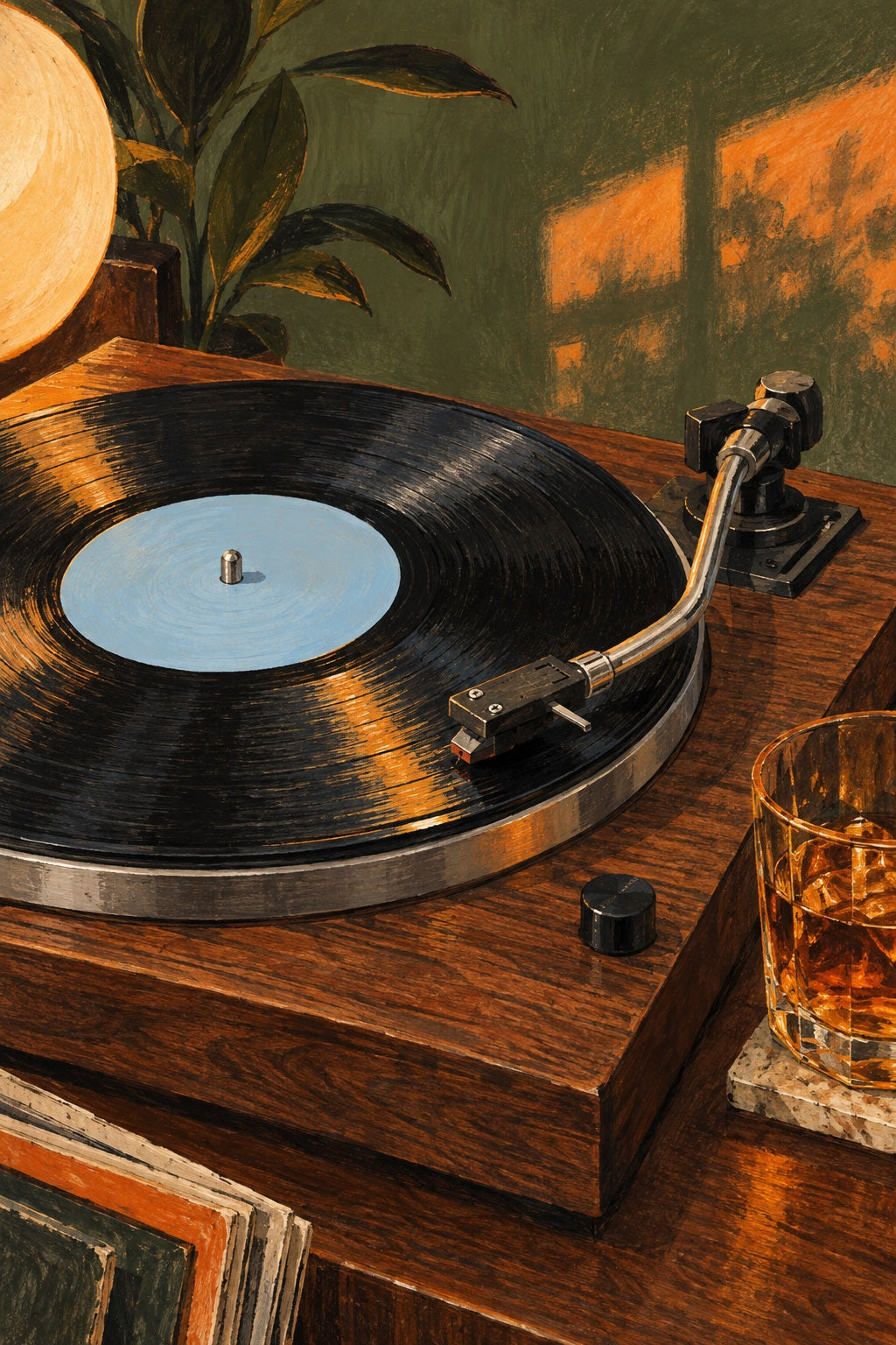 Evening light warms a walnut turntable, pale blue record label and amber glass.