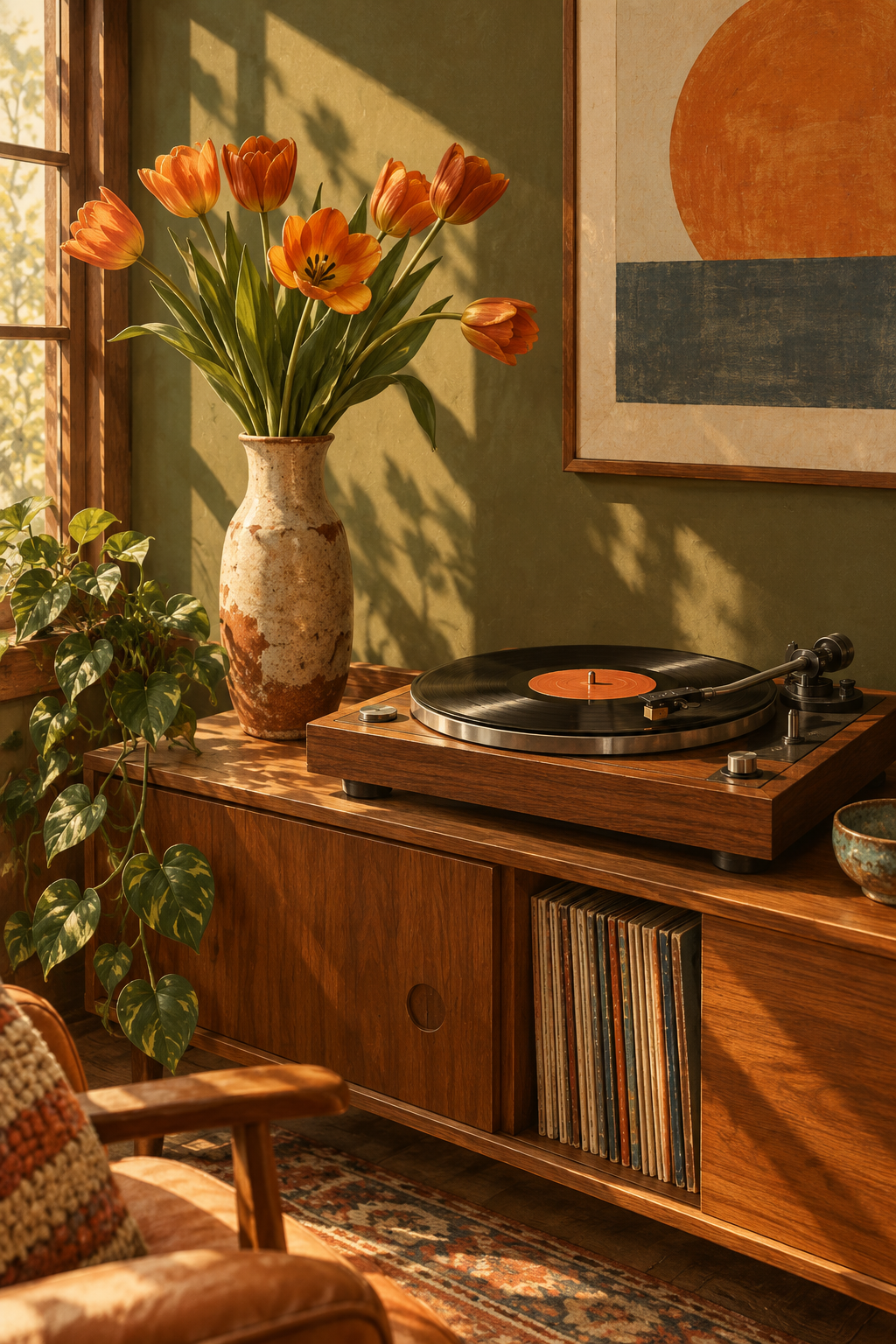 A generic wooden turntable beside a tall vase of orange tulips, side light and a muted olive wall, carefully believable stylus and platter.