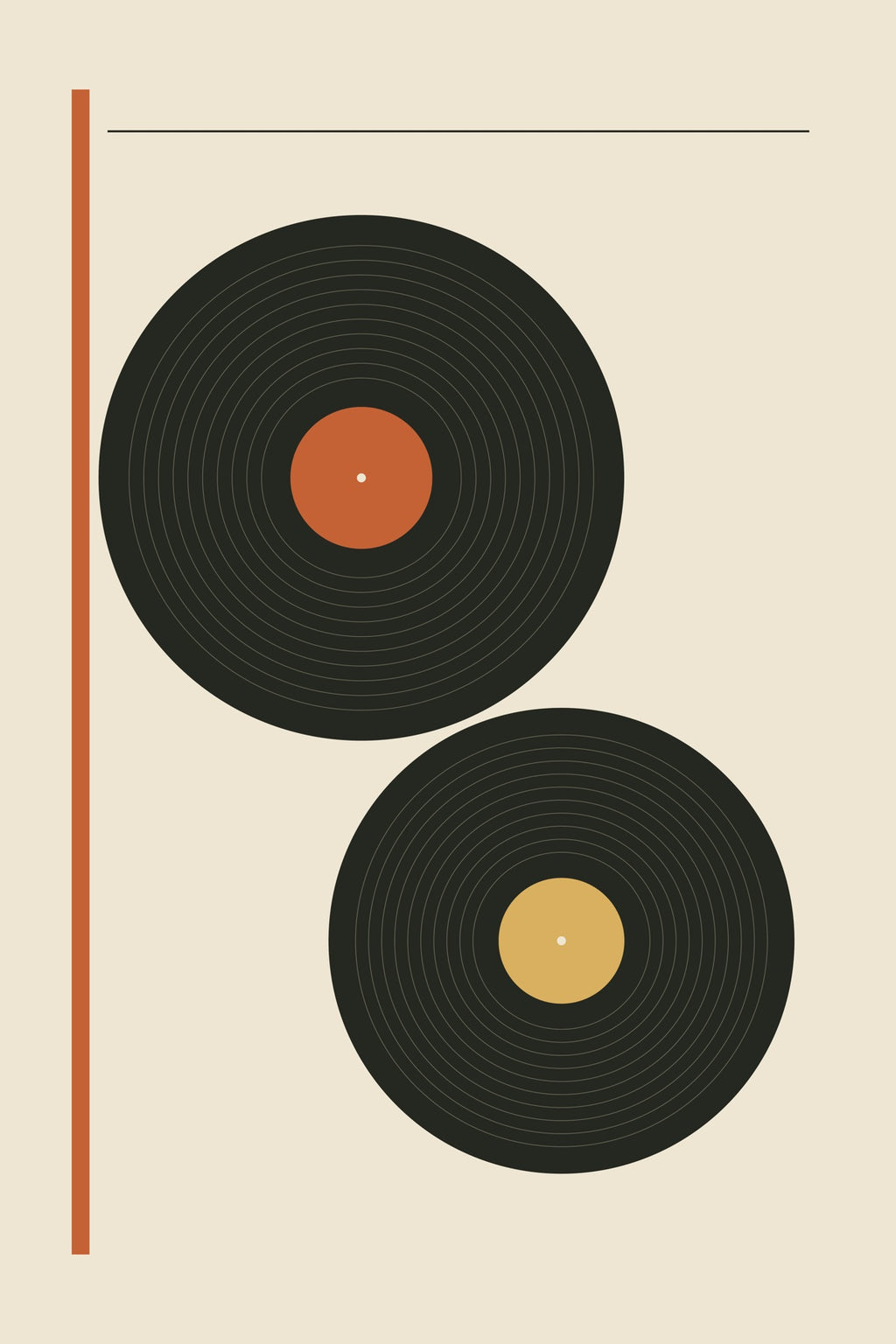 Two records form an off-centre duet beside a fine orange rule.