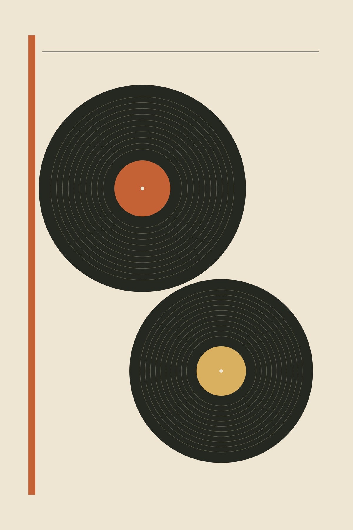 Two records form an off-centre duet beside a fine orange rule.
