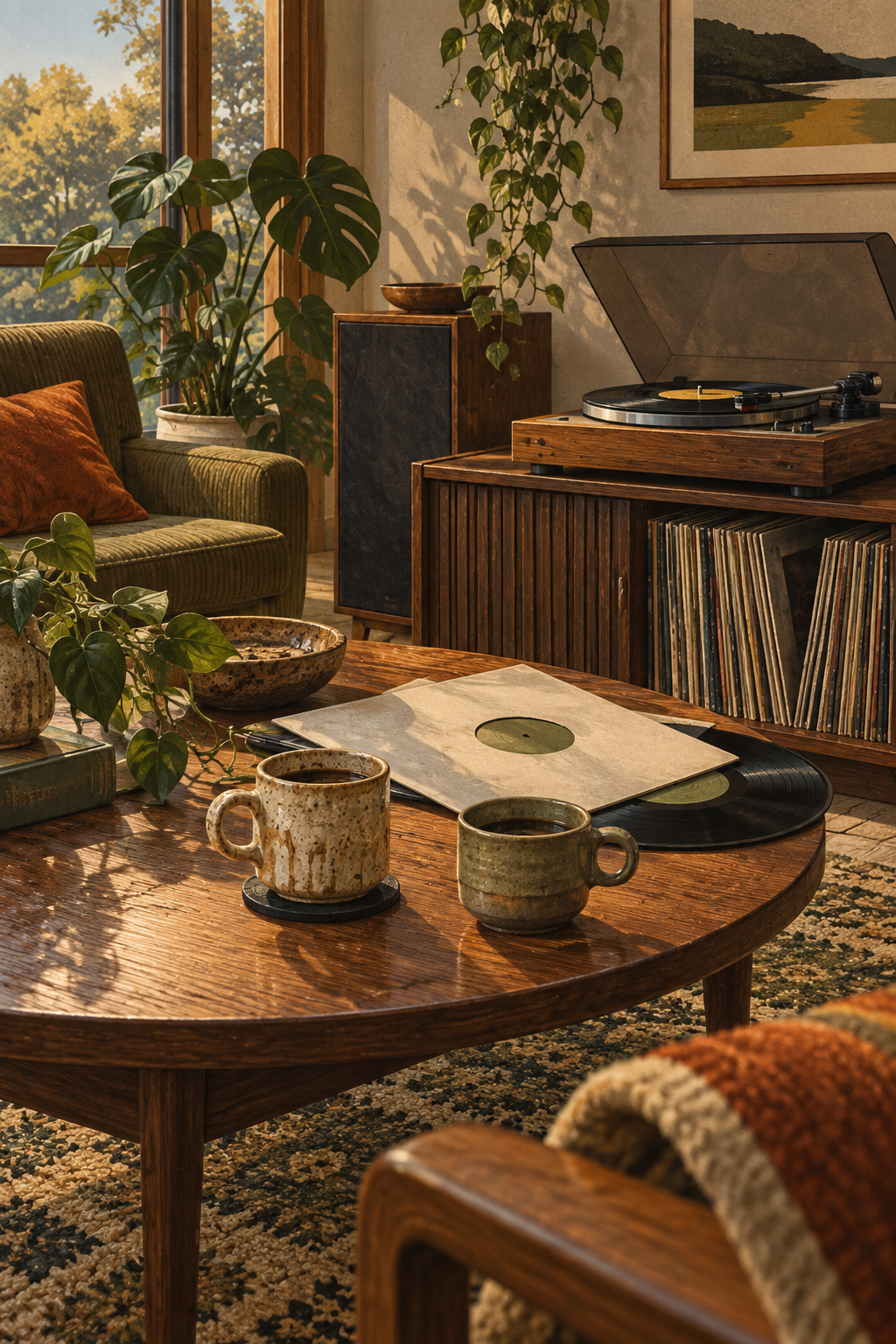 Two mismatched stoneware cups on a low table, an open plain record sleeve and a walnut player, quiet olive and tobacco palette.